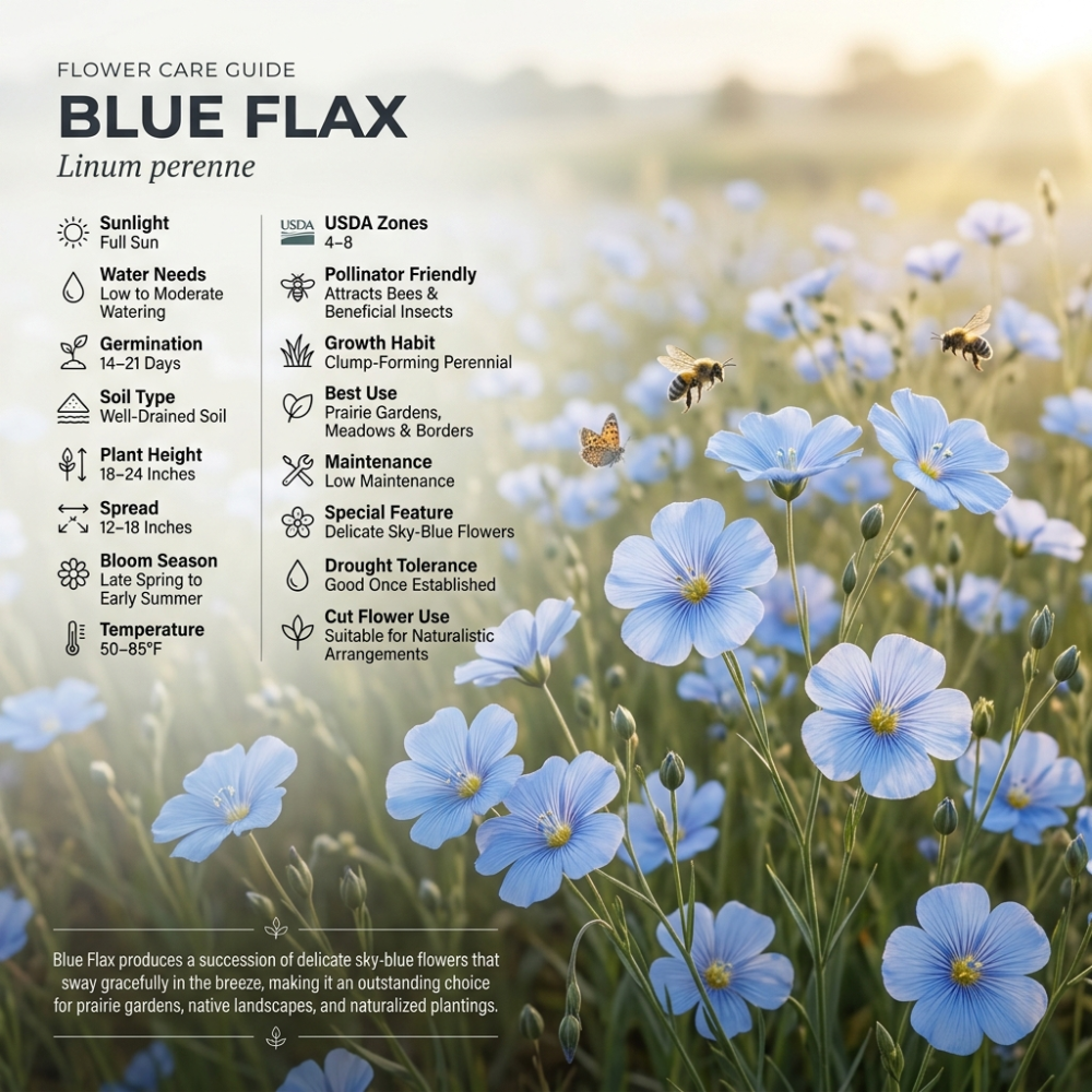 1050 Pcs Blue Flax Seeds, Cold-Hardy Plants, Grow Robust True Blue Blooms for Edging, Meadows & Outdoor Landscapes