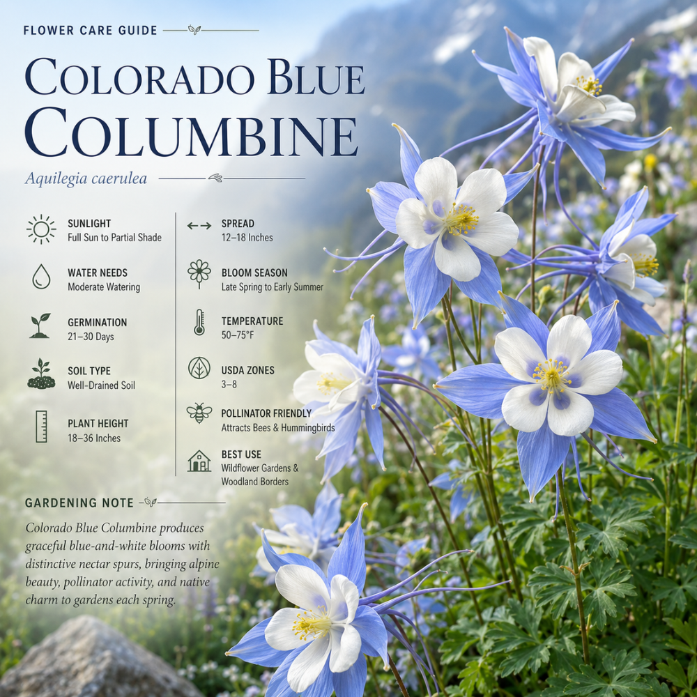 100 PCs Columbine Seeds for Planting, Non-GMO Heirloom Colorado Blue Seeds, Low Maintenance Cold-Hardy Blue & White Blooms for Yard Borders