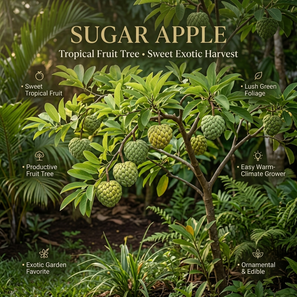 (No Ship to CA,HI,AK) Green Sugar Apple Tree Live Plant | 16-24 Inches Tall in 1 Gallon Pot | Easy to Grow Tropical Custard Apple Fruit Tree for Indoor and Outdoor | Live Plant Only