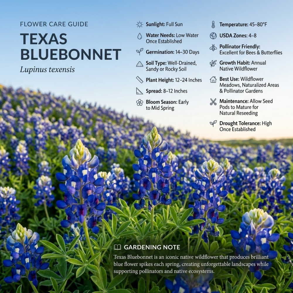100 Pcs Texas Bluebonnet Seeds, Heirloom Lupinus Texensis for Planting, Fast-Growing Wildflowers for Bright Sunlit Gardens