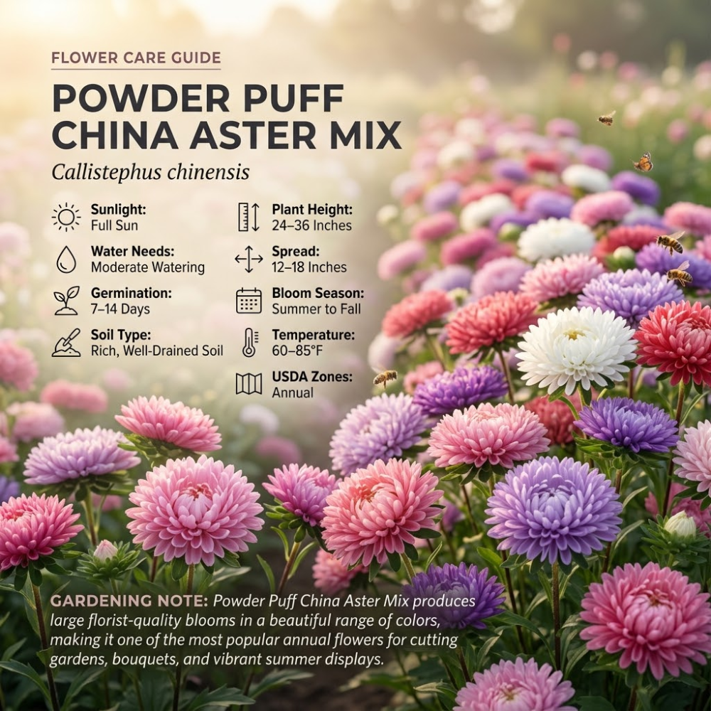 600 Pcs Mixed Powder Puff Asters Seeds, Grow Robust Fluffy Blooms for Edging, Bouquets & Outdoor Landscapes