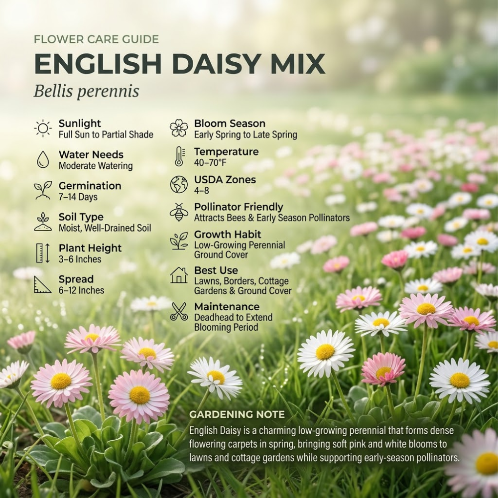 600 Pcs English Daisy Seeds Mix, Heirloom Bellis Perennis Mix for Planting, Fast-Growing Flowers for Charming Cool Season Gardens