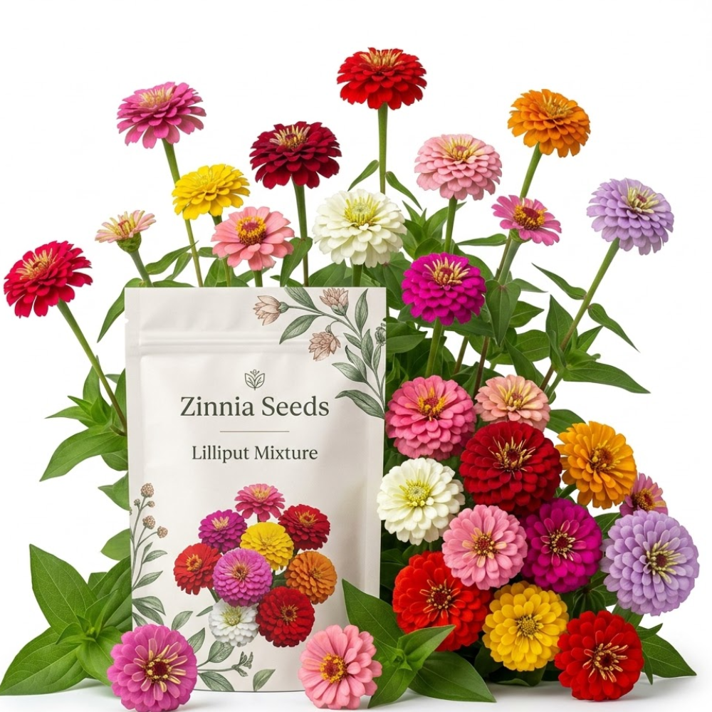 150 Zinnia Seeds for Planting Outdoors, Lilliput Mix Heirloom, Vigorous Dwarf Flowers Yielding Striking Pom-Pom Blooms for Balconies, Easy to Care