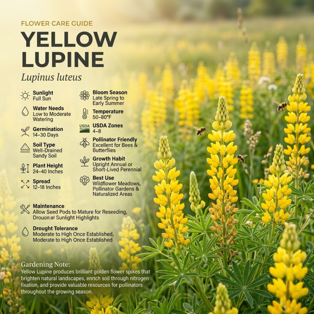 100 Pcs Yellow Lupine Seeds for Outdoors, Heirloom Lupinus Luteus for Planting, Sturdy Drought-Tolerant Plants for Spring Landscapes