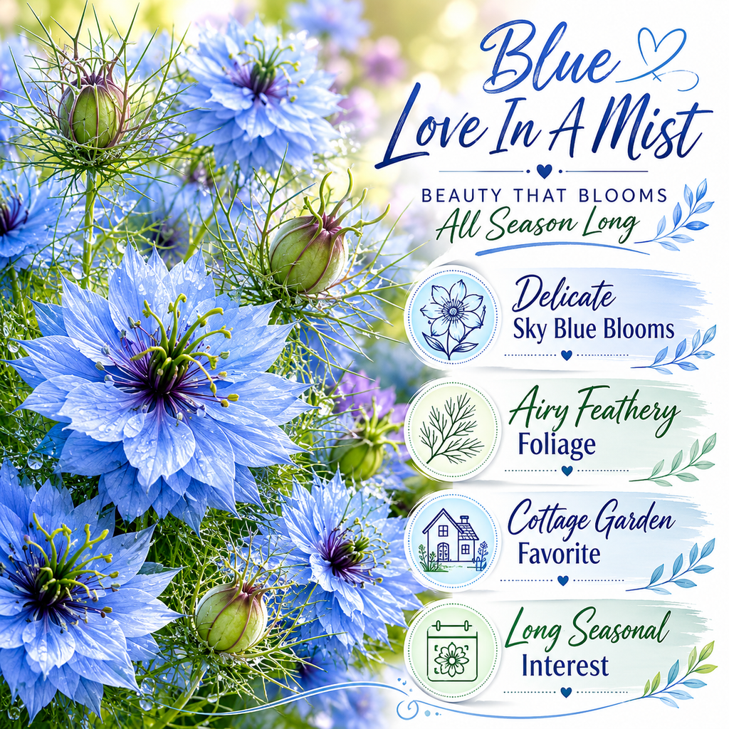 Blue Love In A Mist, 200 Nigella damascena Flower Seeds, High Yield, Easy to Grow, Spectacular Sky Blue Cut Flower, Ideal for Outdoor Spaces
