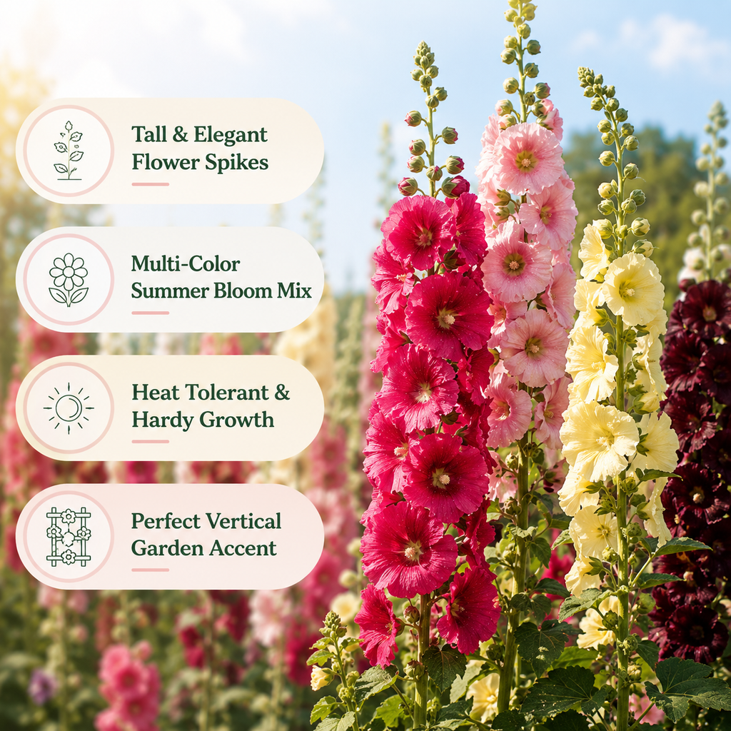 50 Hollyhock Summer Carnival Mix Flower Seeds, Easy Care, Vibrant Color Flowers for Vertical Garden Accents & Backyard Planting