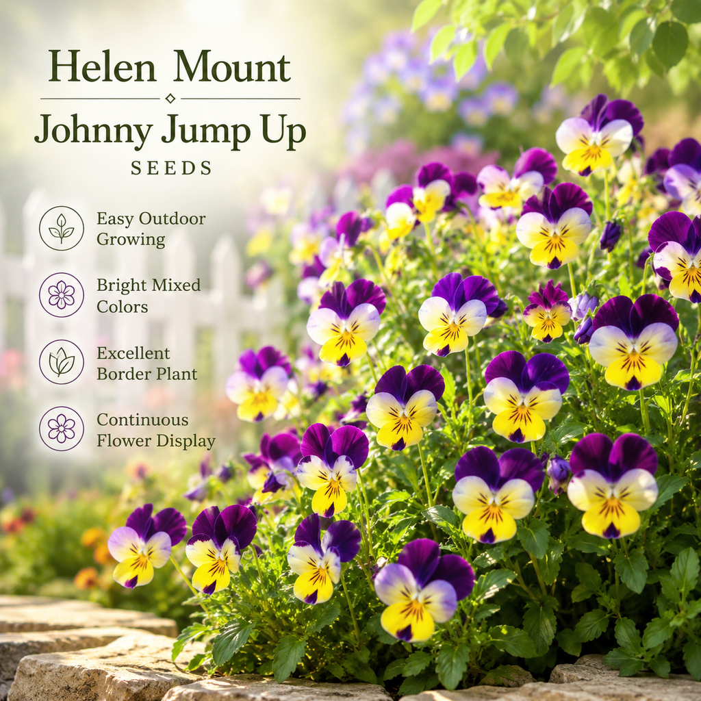 120 Helen Mount Johnny Jump Up Seeds, Non-GMO Viola cornuta Seeds, Cold Hardy Perennial, Ideal for Borders & Pots