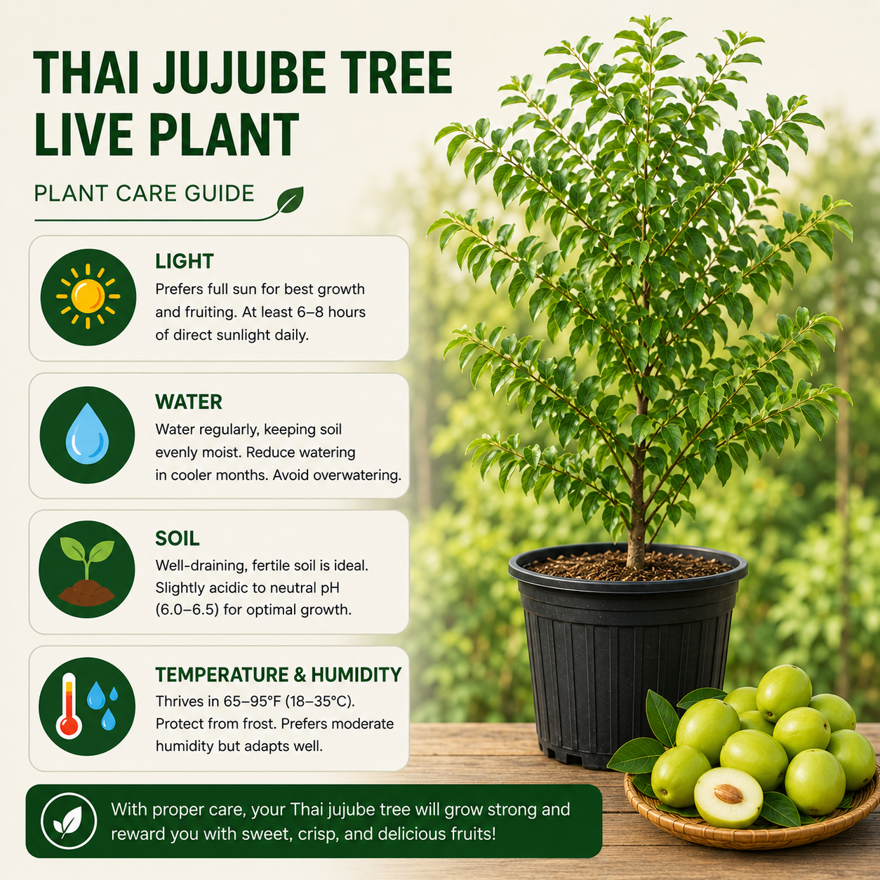 No Ship to CA, HI, AK, Thai Jujube Tree, 3 Gallon Pot - 12-16" Tall, Fast Growing Jujube Plant Live, Crispy & Juicy Fruits, Ideal for for Garden, Patio and Backyard