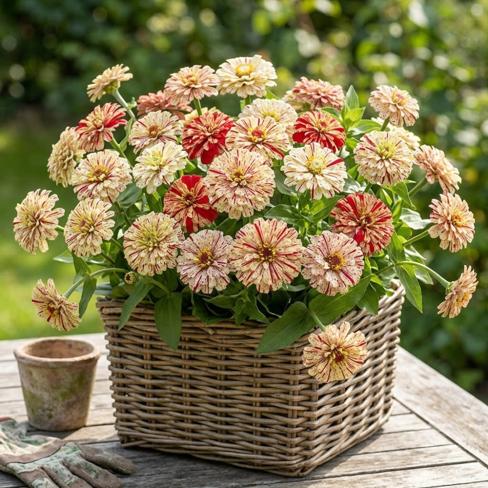 25 Peppermint Stick Zinnia Seeds Mix, Non GMO, Easy to Grow, High-Yielding Splattered Stripe Blooms for Eye-Catching, Ideal for Pots & Garden Borders