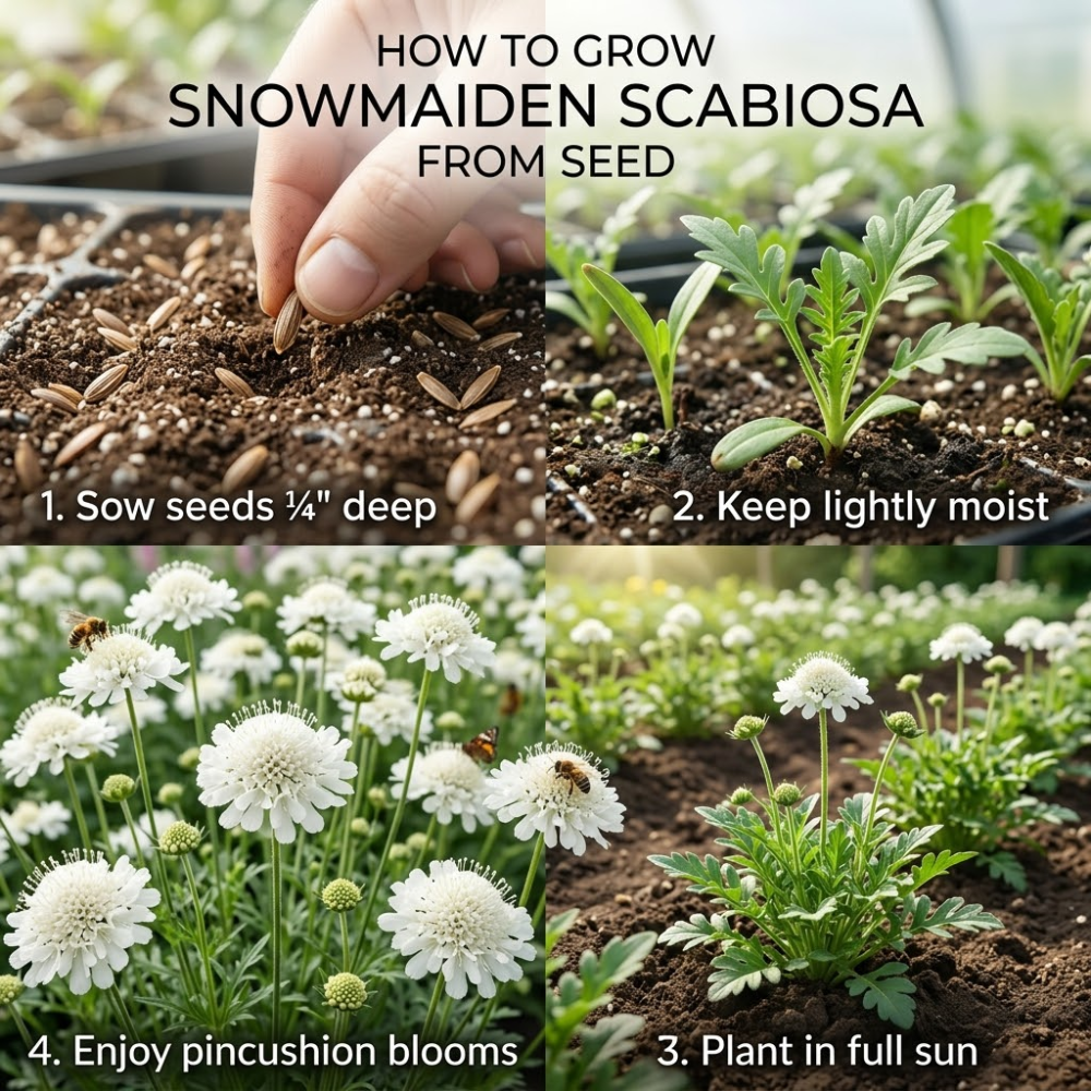50 Pcs Snowmaiden Scabiosa Seeds, Heirloom Non-GMO Pincushion Flowers, Low Maintenance Color Blooms for Cut Floral Bouquets