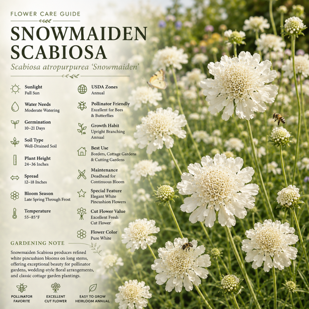 50 Pcs Snowmaiden Scabiosa Seeds, Heirloom Non-GMO Pincushion Flowers, Low Maintenance Color Blooms for Cut Floral Bouquets