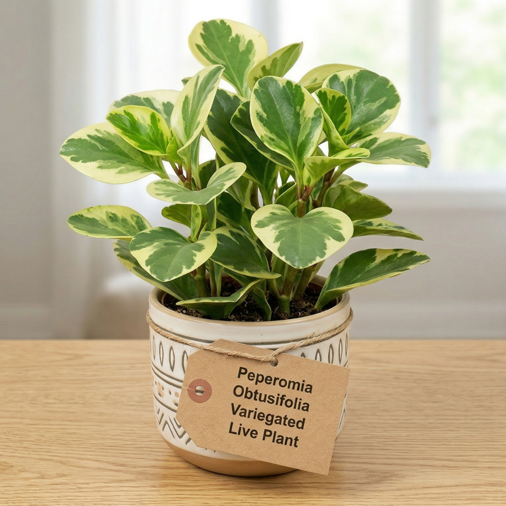 Peperomia Obtusifolia Variegated Live Plant | Baby Rubber Plant in 4'' Inch Pot | Easy-Care Peperomia Live Indoor Houseplant | Attractive Variegated Rubber Plant for Home & Office Décor