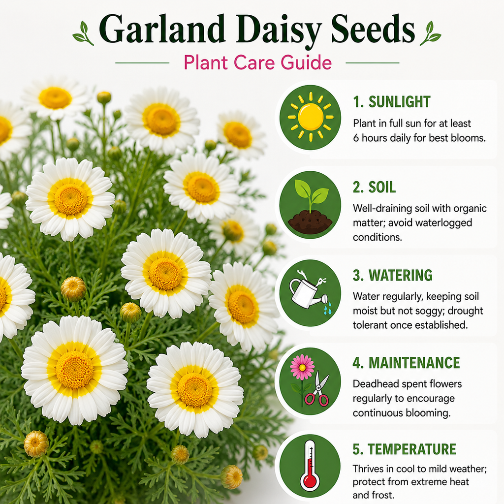 1500 Garland Daisy Seeds, Heirloom, Easy to Grow, Non-GMO Fast Growing Crown Daisy, Prolific Cut-and-Come-Again Edible Flower Bush, for Pots and Veggie Patches