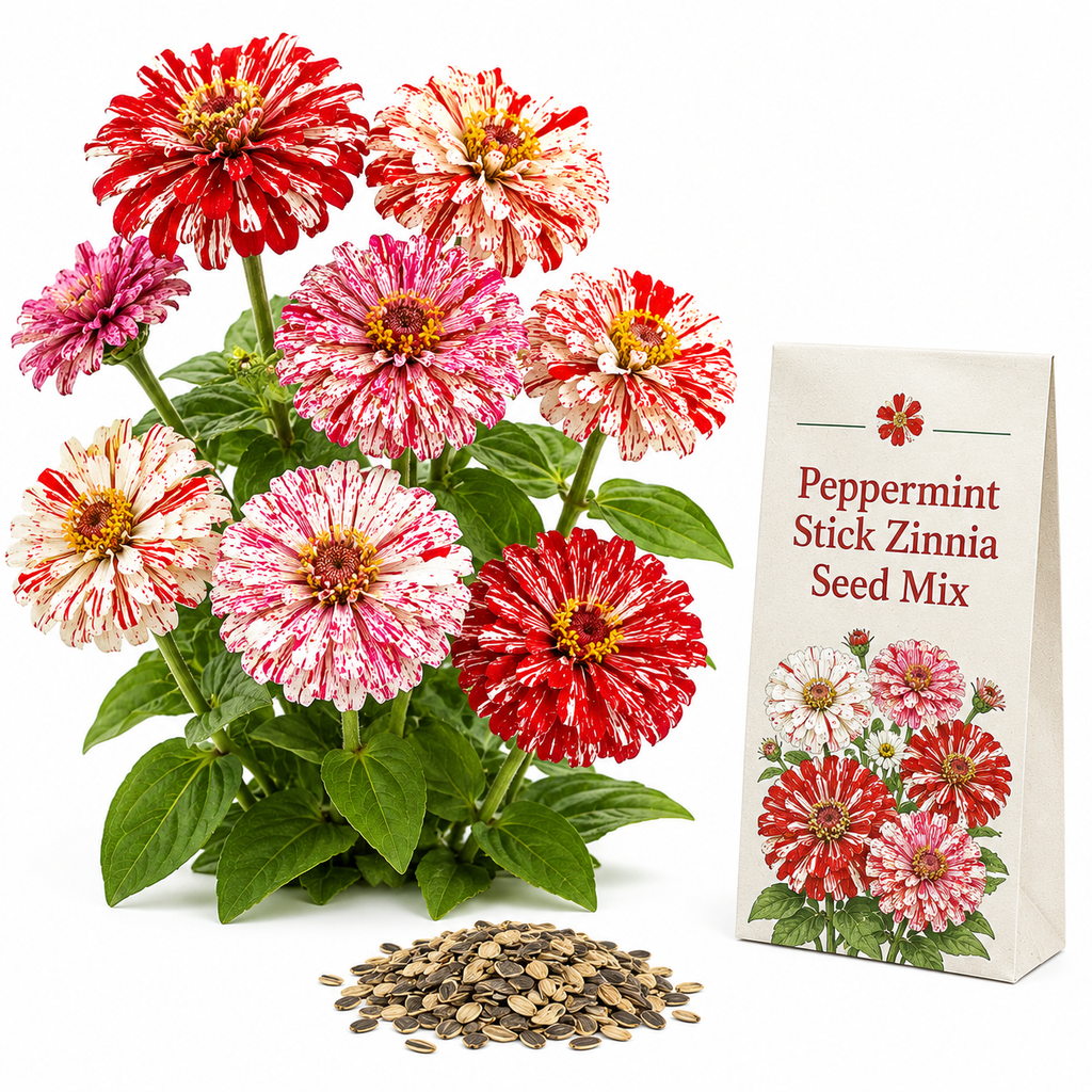 25 Peppermint Stick Zinnia Seeds Mix, Non GMO, Easy to Grow, High-Yielding Splattered Stripe Blooms for Eye-Catching, Ideal for Pots & Garden Borders