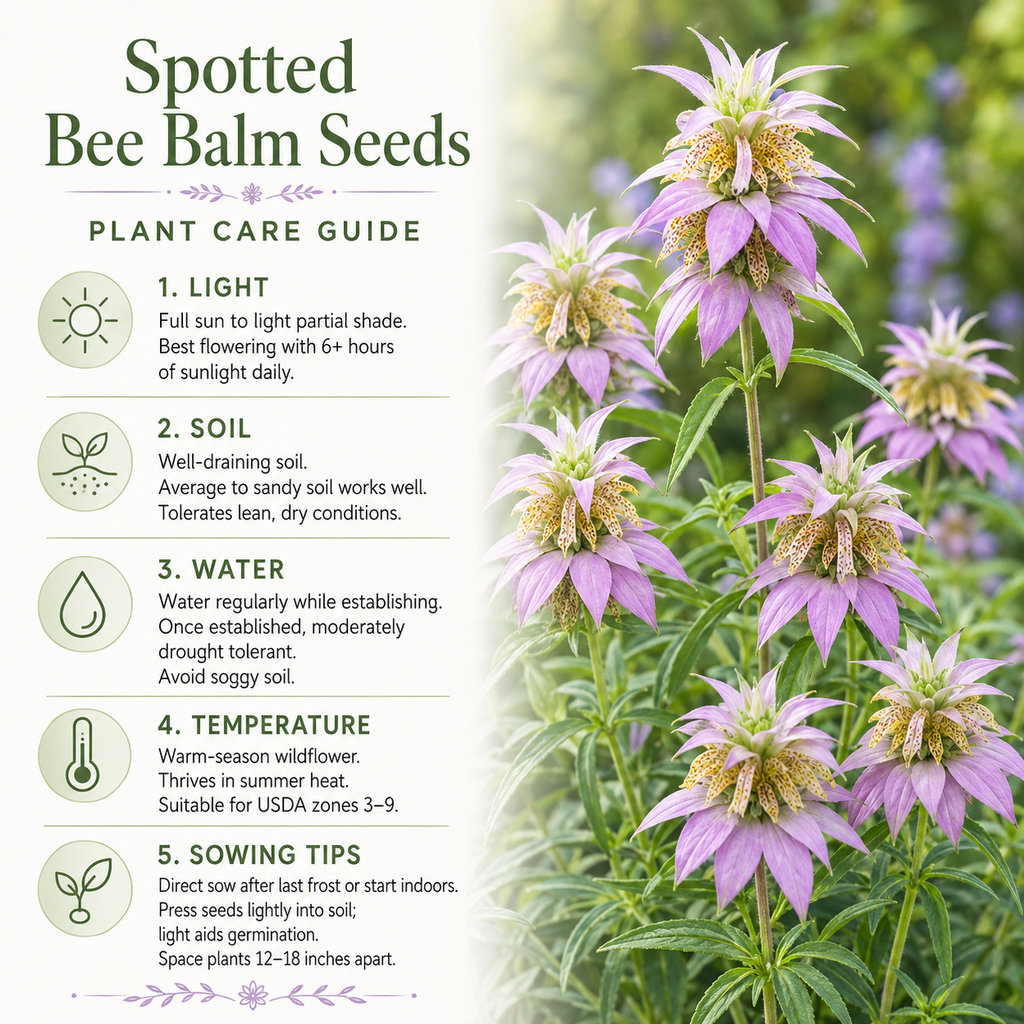 100 Spotted Bee Balm Seeds for Planting, Heirloom, Drought Tolerant, Purple Bee Balm Perennial Wildflower Seeds for Shade & Sun Backyard Landscape