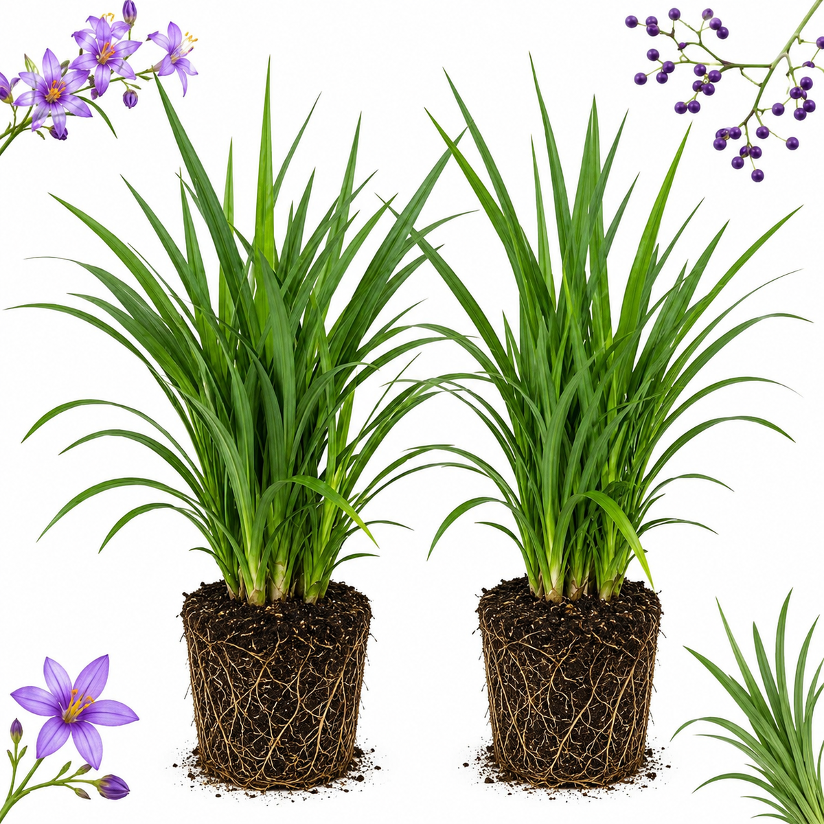 2 Flax Lily Live Plants,  4-6 Inch Tall, Well-Rooted Cold-Hardy Evergreen, Low Maintenance Grass for Shady Yard Borders