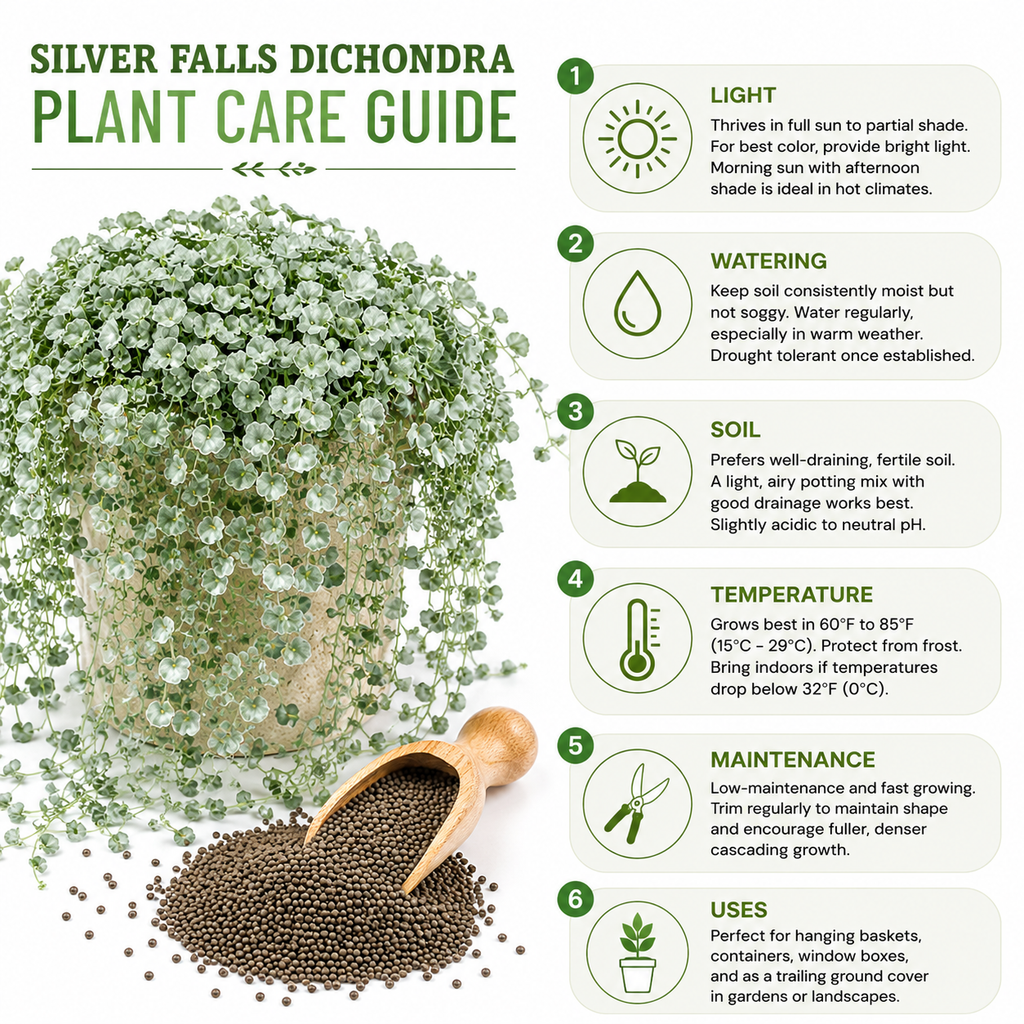 Silver Falls Dichondra Seeds, 20 Pcs,Non GMO, Low Maintenance, Decorative Cascading Plants for Hanging Planters & Outdoor Spaces