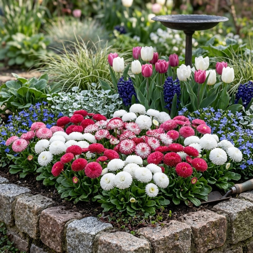 Habanera Mixed Bellis English Daisy Seeds, 10 Pcs, Non GMO, Spectacular Large Quilled Double Blooms, for Borders & Gardens