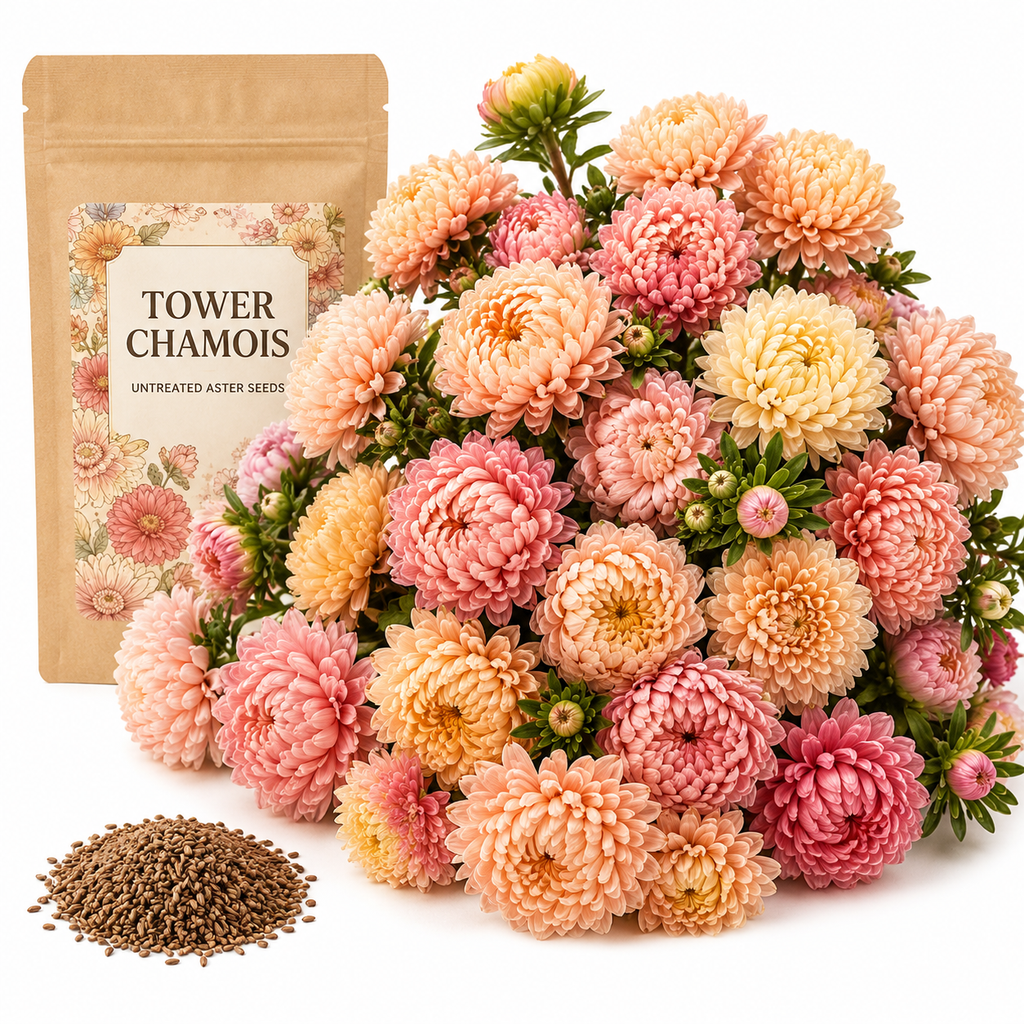 50 Tower Chamois Untreated Aster Seeds, Non GMO, Easy Care, Spectacular Double Peony-Like Blooms, Elegant Long-Stemmed, Ideal for Gardens, Patios & Borders