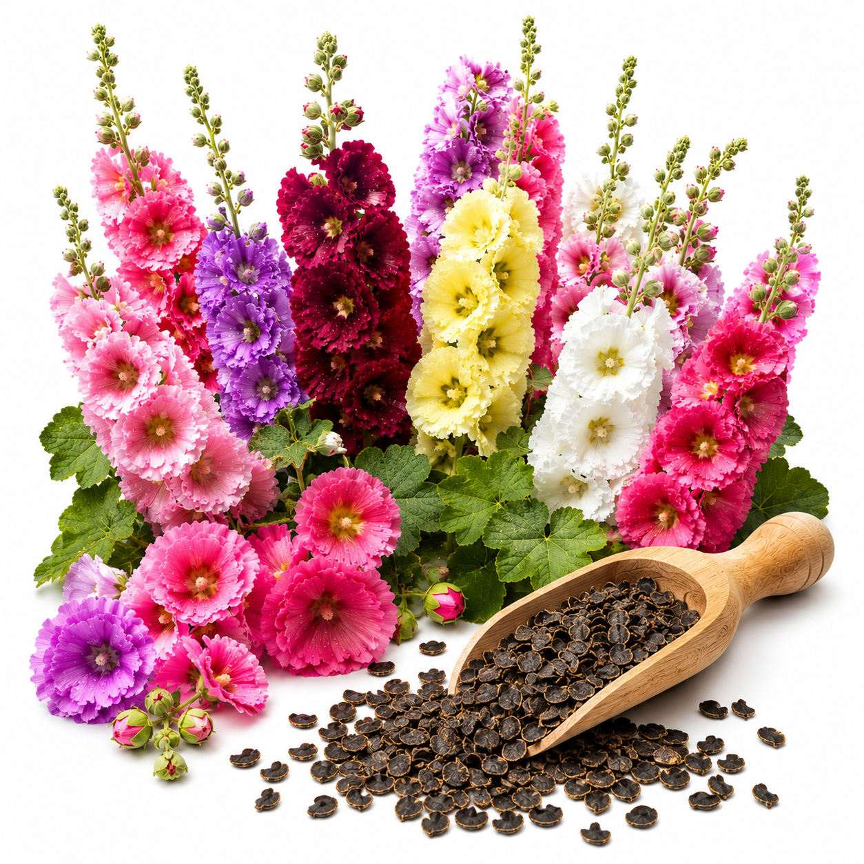 50 Hollyhock Summer Carnival Mix Flower Seeds, Easy Care, Vibrant Color Flowers for Vertical Garden Accents & Backyard Planting
