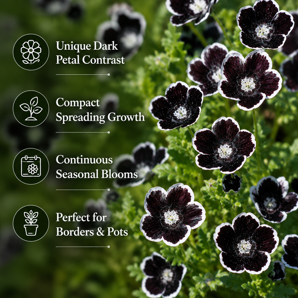 50 Pcs Penny Black Nemophila Seeds, Non GMO, Low Maintenance, Striking Deep Purple-Black Blooms for Patio Containers & Pollinator Gardens
