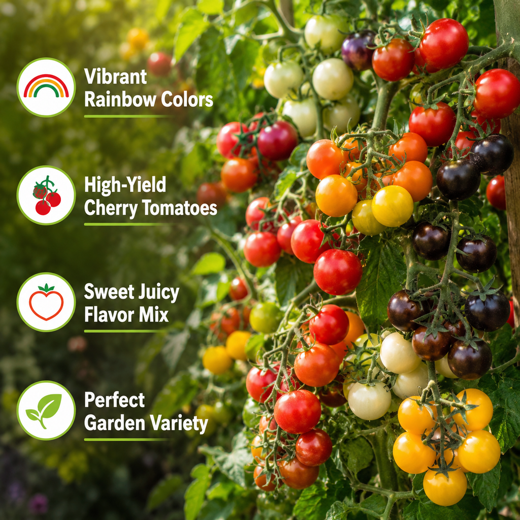 25 Rainbow Cherry Tomato Seeds, Non-GMO, Heirloom, Sweet & Juicy Multi-Color Tomatoes, Vegetable Seeds for Fresh Salads & Gardening