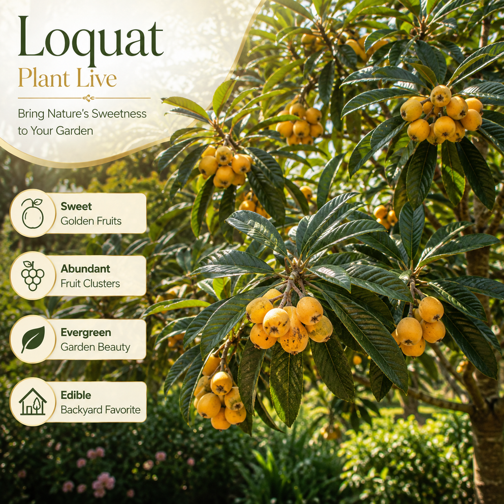 Loquat Tree, 3 Gallon Pot, Live Fruit-Bearing Evergreen for Edible Landscaping, Resilient Shade Plant for Sweet Yellow Plums, Sturdy Growth for Broad Canopy & Patios (No Ship to CA, HI, AK)
