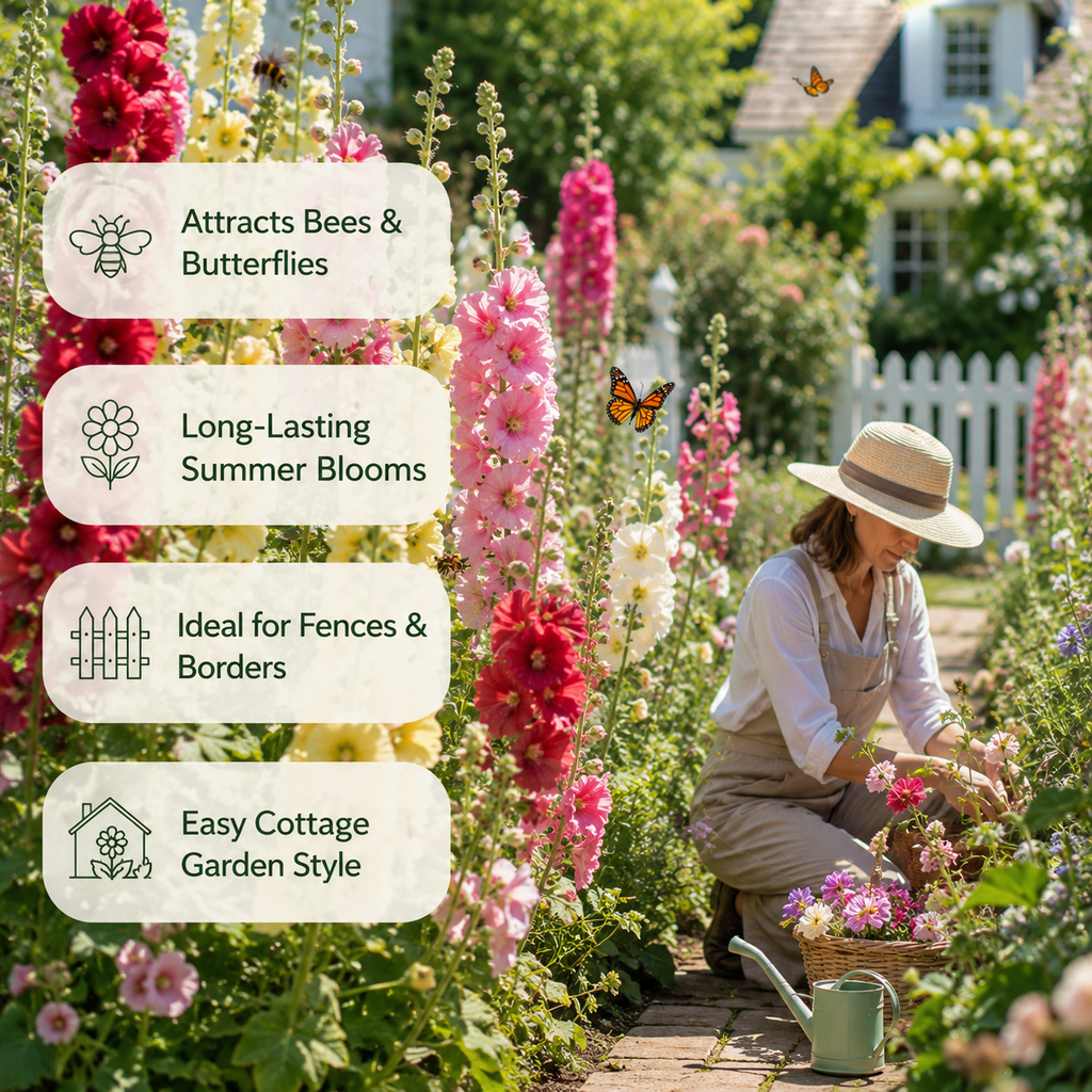 50 Hollyhock Summer Carnival Mix Flower Seeds, Easy Care, Vibrant Color Flowers for Vertical Garden Accents & Backyard Planting