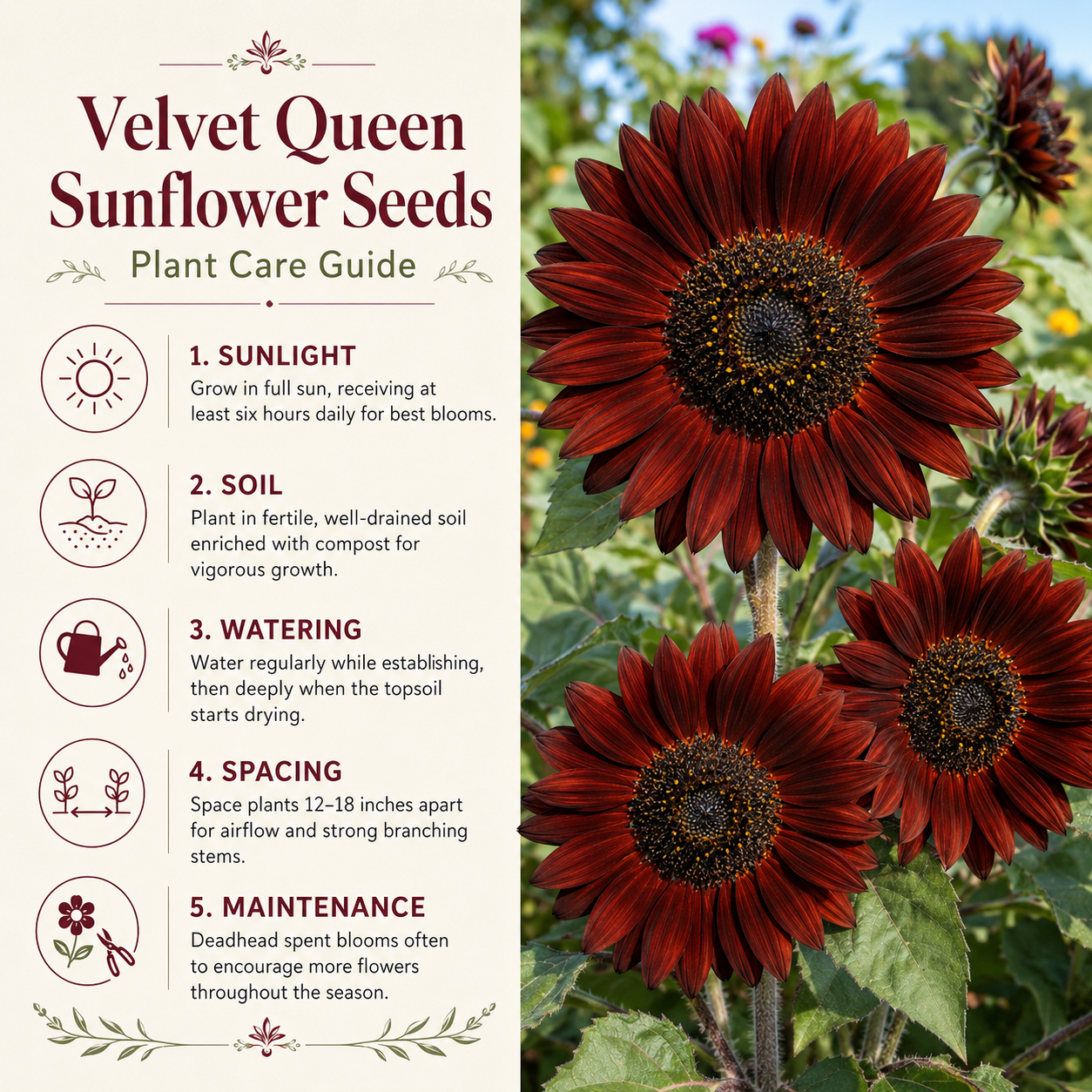 75 Velvet Queen Sunflower Seeds, Heirloom, Non-GMO Wildflower Seeds, Charming Tall Border Architectural Accent, Perfect Unique Seed Gift for Gardeners