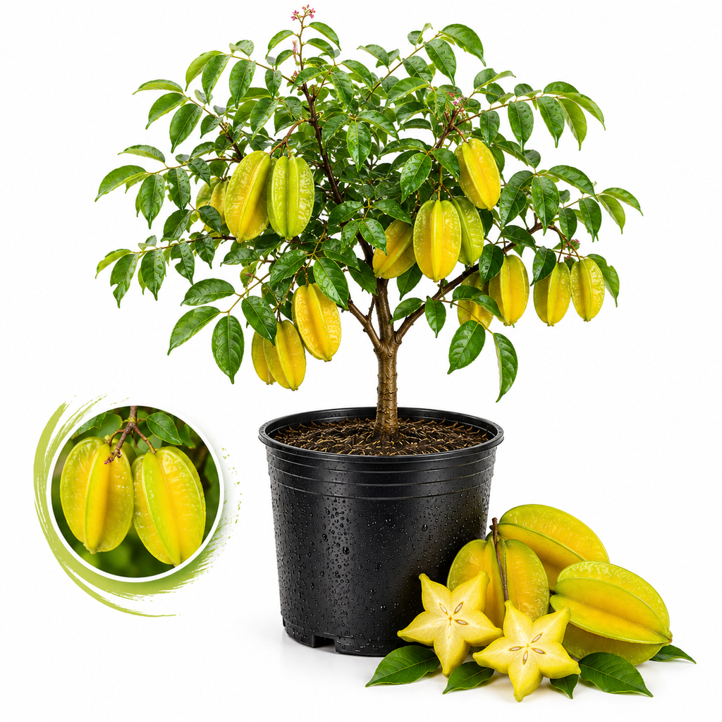Sweet Starfruit Tree Live Plant in 3 Gallon Pot, Well-Rooted Tropical Tree, Low Maintenance Fruit Plant for Sunny Outdoor Spots (No Ship to CA,HI,AK)