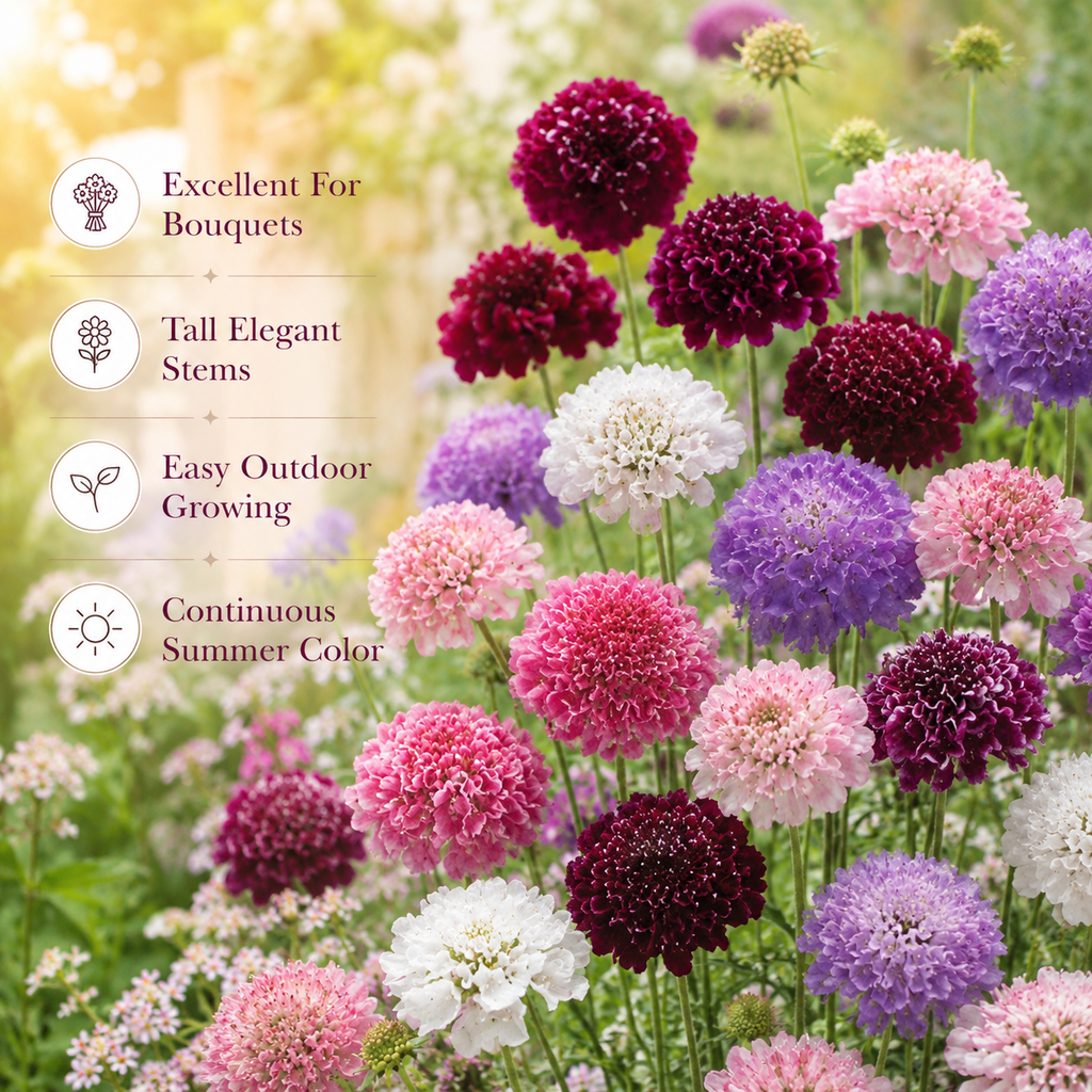 100 Imperial Pincushion Flower Scabiosa Seeds for Planting, Non GMO, Heirloom, Vibrant Multi-Color Double Blooms, Annual Flower Seeds, for Gardens & Landscaping