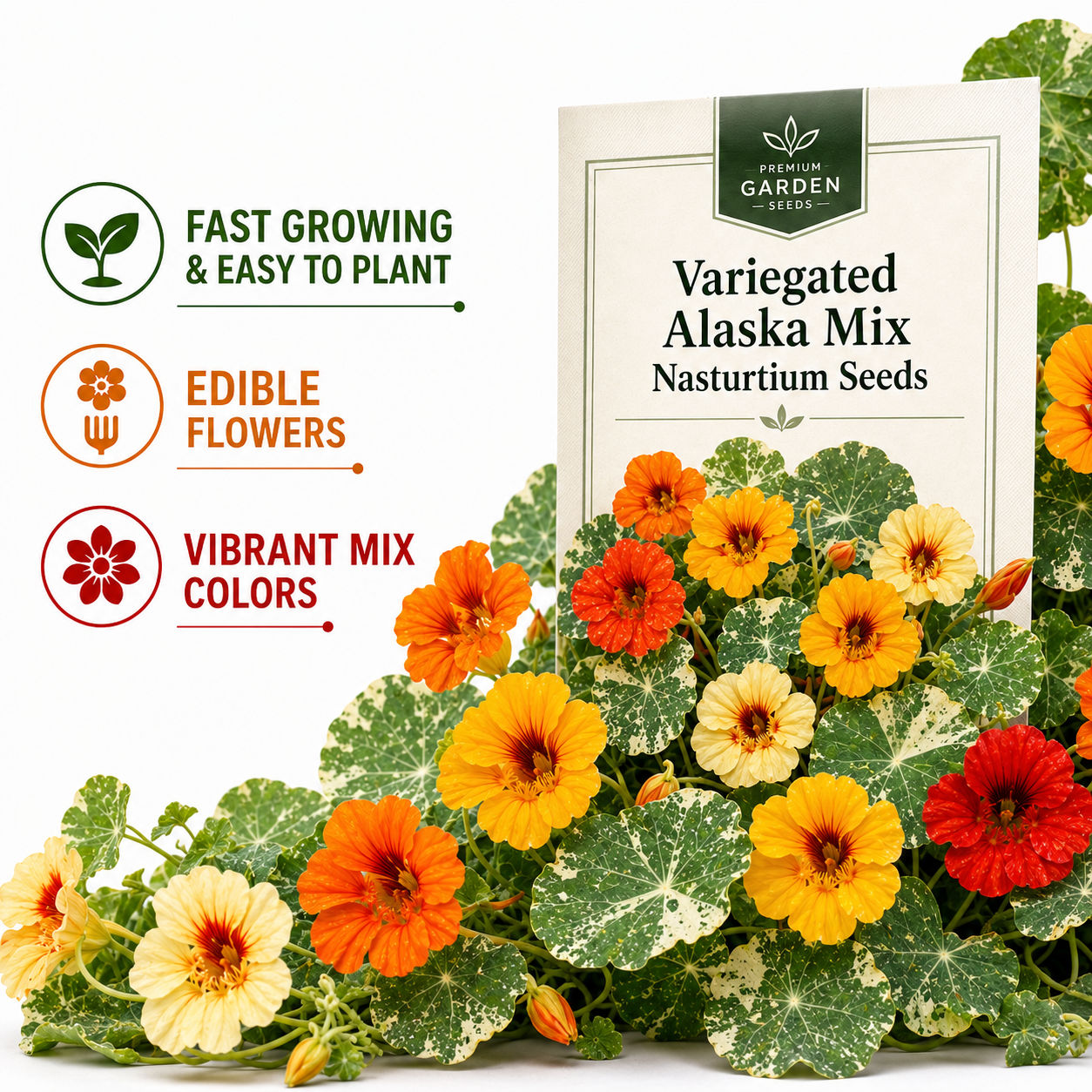 25 Variegated Alaska Mix Seeds (Tropaeolum nanum), Non GMO, Heirloom Edible Flower & Vegetable Seeds, Colorful Summer Blooms with Marbled Foliage, for Outdoor Planting