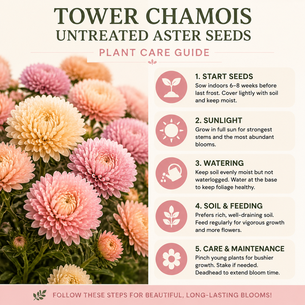 50 Tower Chamois Untreated Aster Seeds, Non GMO, Easy Care, Spectacular Double Peony-Like Blooms, Elegant Long-Stemmed, Ideal for Gardens, Patios & Borders