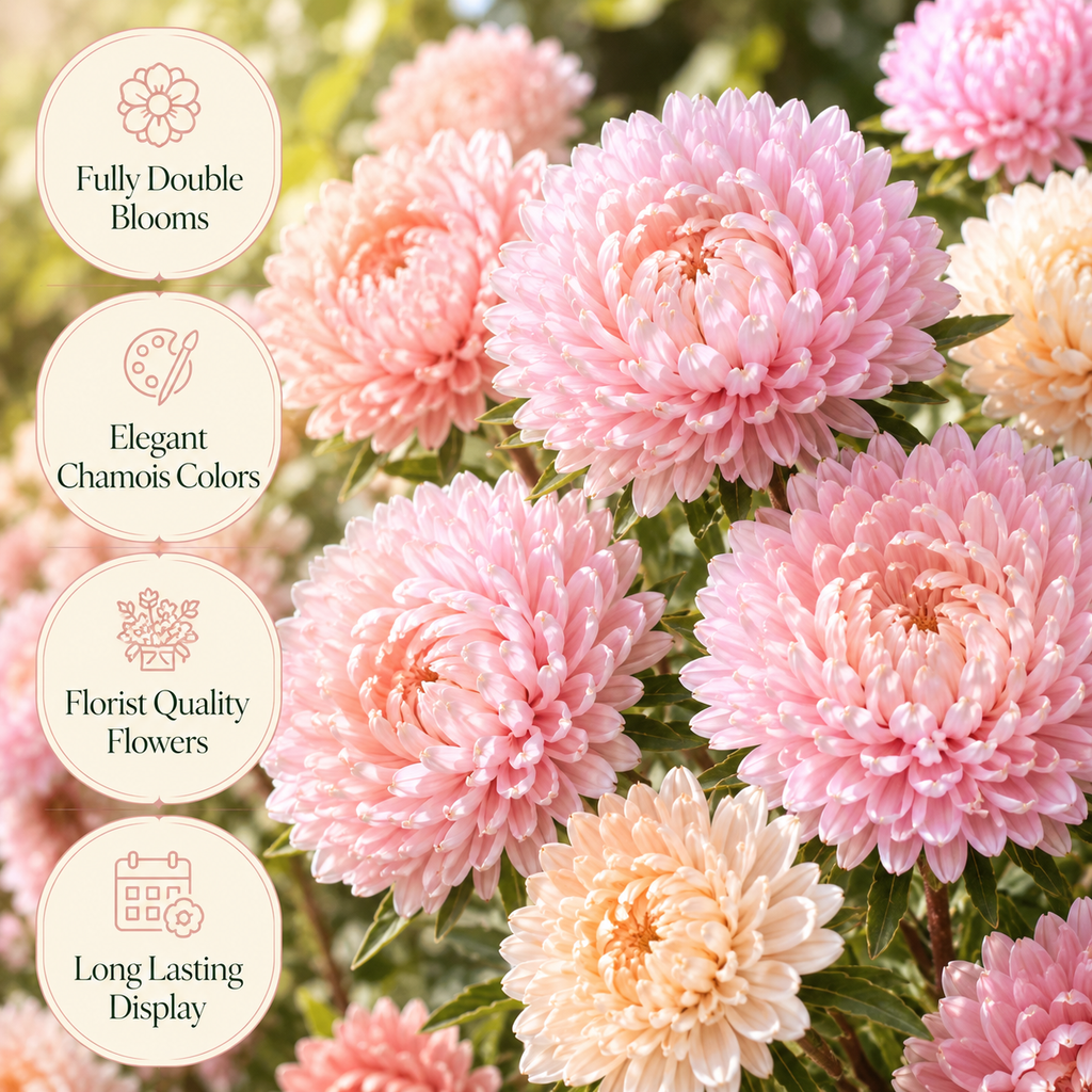 50 Tower Chamois Untreated Aster Seeds, Non GMO, Easy Care, Spectacular Double Peony-Like Blooms, Elegant Long-Stemmed, Ideal for Gardens, Patios & Borders