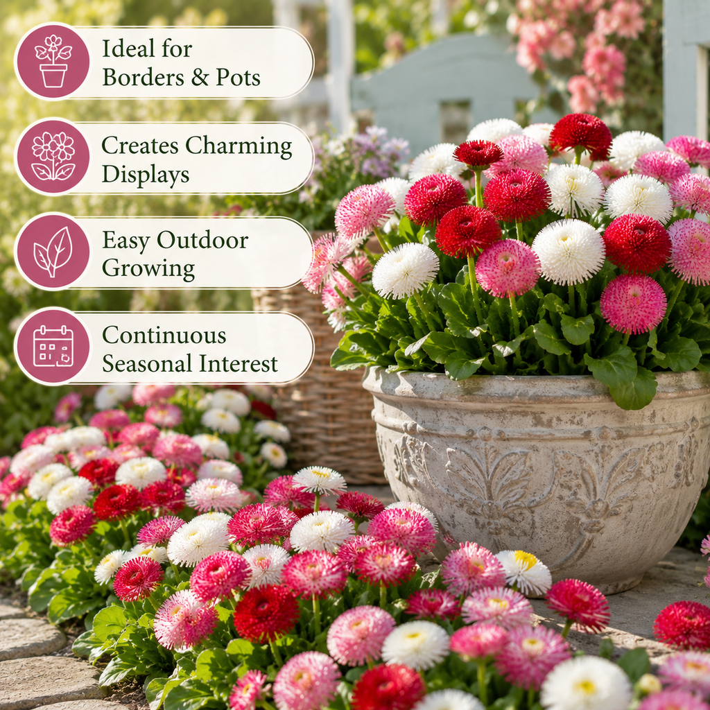 Habanera Mixed Bellis English Daisy Seeds, 30 Pcs, Non GMO, Heirloom, Cold Hardy, Ideal for Containers, Patios & Garden Accents