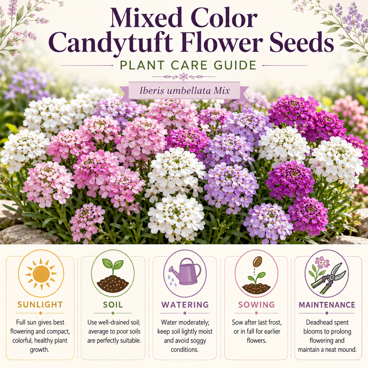 600 Candytuft Mixed Color Seeds, Non-GMO Iberis umbellata Seeds, High Yield, Vibrant Multi-Color Pink Purple White Annual Cascading Ground Cover for Rock Gardens