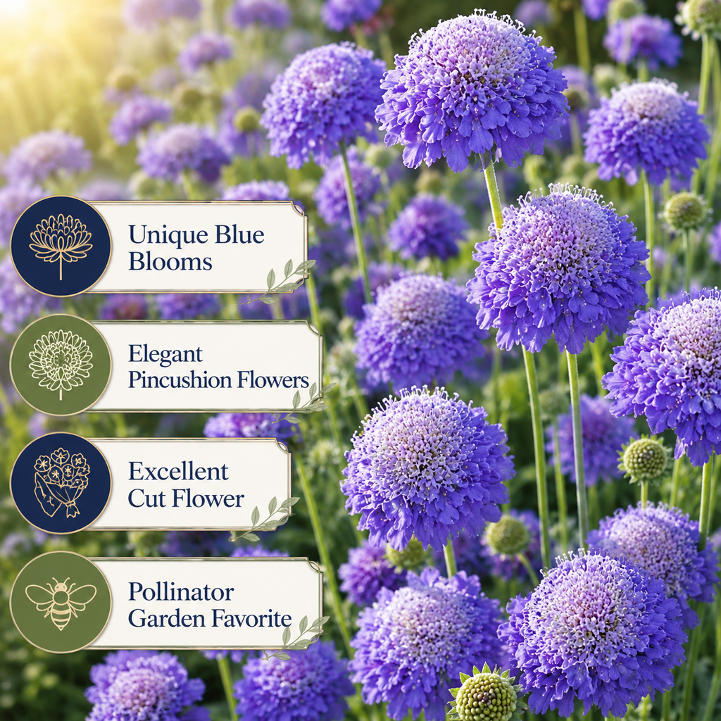 100 Scabiosa Seeds, Non-GMO, Heirloom Pincushion Flower Seeds, Tall and Sturdy Stems with Long-Lasting Elegant Blooms, Ideal for Borders & Backyard Pollinator Gardens