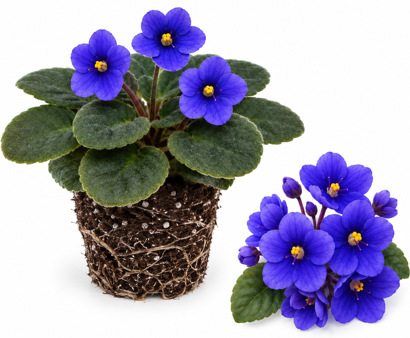 Blue African Violets Live Plant (Bare Root), Easy Care Violets Plant Live, Low Light Flowering Houseplant, Ideal for Indoor Decoration & Window Sill Garden
