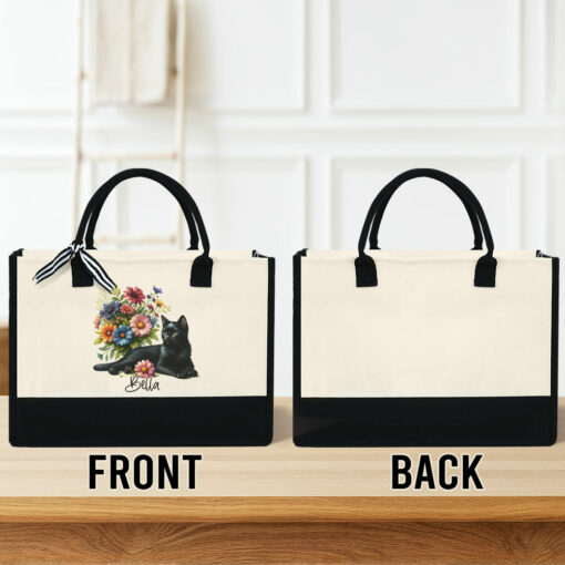 Gingerglowgifts Personalized Black Cat With Flowers Tote Bag TQN2227TNB