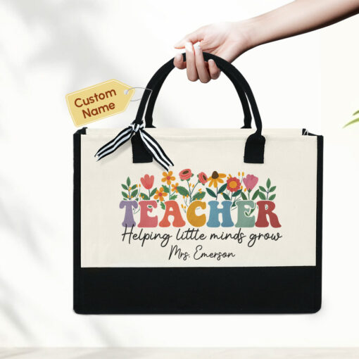 Gingerglowgifts Personalized Floral Teacher Gift, Helping Little Minds Grow, Teacher Tote Bag MLN1489NTH