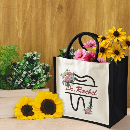 Gingerglowgifts Personalized Floral Tooth, Dental Dentist Tote Bag TPT1818NTH