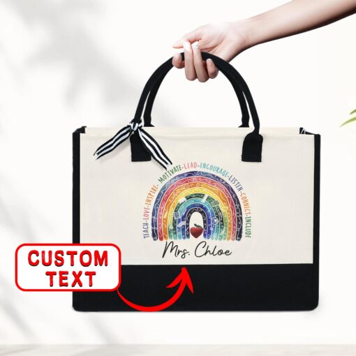 Gingerglowgifts Personalized Teach, Love, Inspire, Rainbow Teacher Tote Bag TPT1326NTH