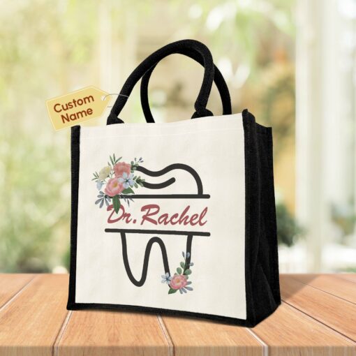 Gingerglowgifts Personalized Floral Tooth, Dental Dentist Tote Bag TPT1818NTH