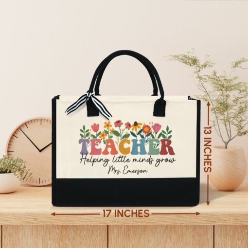 Gingerglowgifts Personalized Floral Teacher Gift, Helping Little Minds Grow, Teacher Tote Bag MLN1489NTH