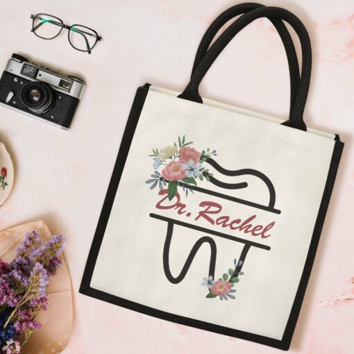 Gingerglowgifts Personalized Floral Tooth, Dental Dentist Tote Bag TPT1818NTH