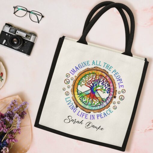 Gingerglowgifts Personalized Peace Sign Hippie Imagine All The People Living Life In Peace Tote Bag TPT1819NTH