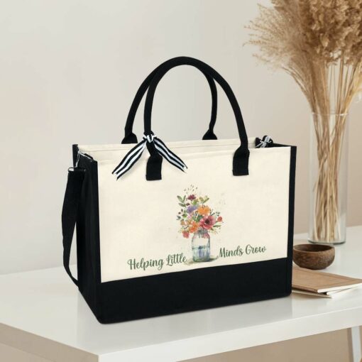 Gingerglowgifts Teacher Floral Flower Jar, Teacher Tote Bag, Helping Little Minds Grow MLN2868PTL