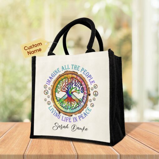 Gingerglowgifts Personalized Peace Sign Hippie Imagine All The People Living Life In Peace Tote Bag TPT1819NTH