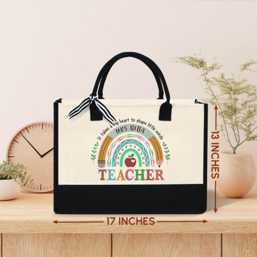 Gingerglowgifts Personalized Teacher Rainbow, It Takes A Big Heart To Shape Little Minds, Teacher Tote Bag TPT1659NTH