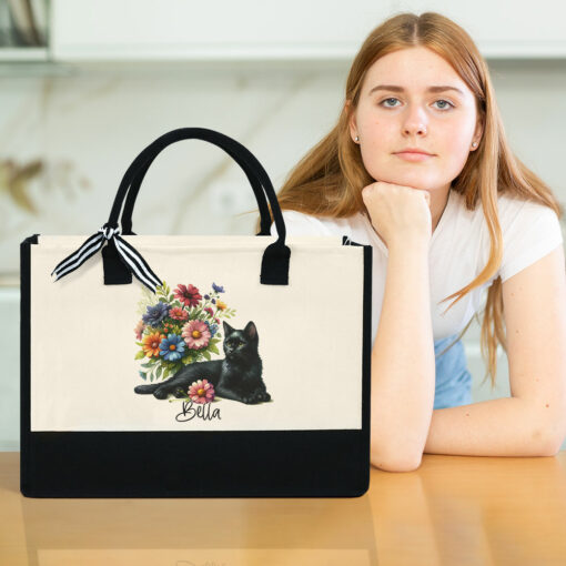 Gingerglowgifts Personalized Black Cat With Flowers Tote Bag TQN2227TNB